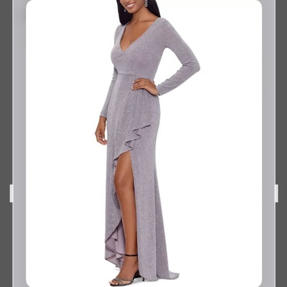 BETSY & ADAM V-neck Long Sleeve Metallic Ruffled Slit-Hem Gown in Granite - Picture 2 of 4